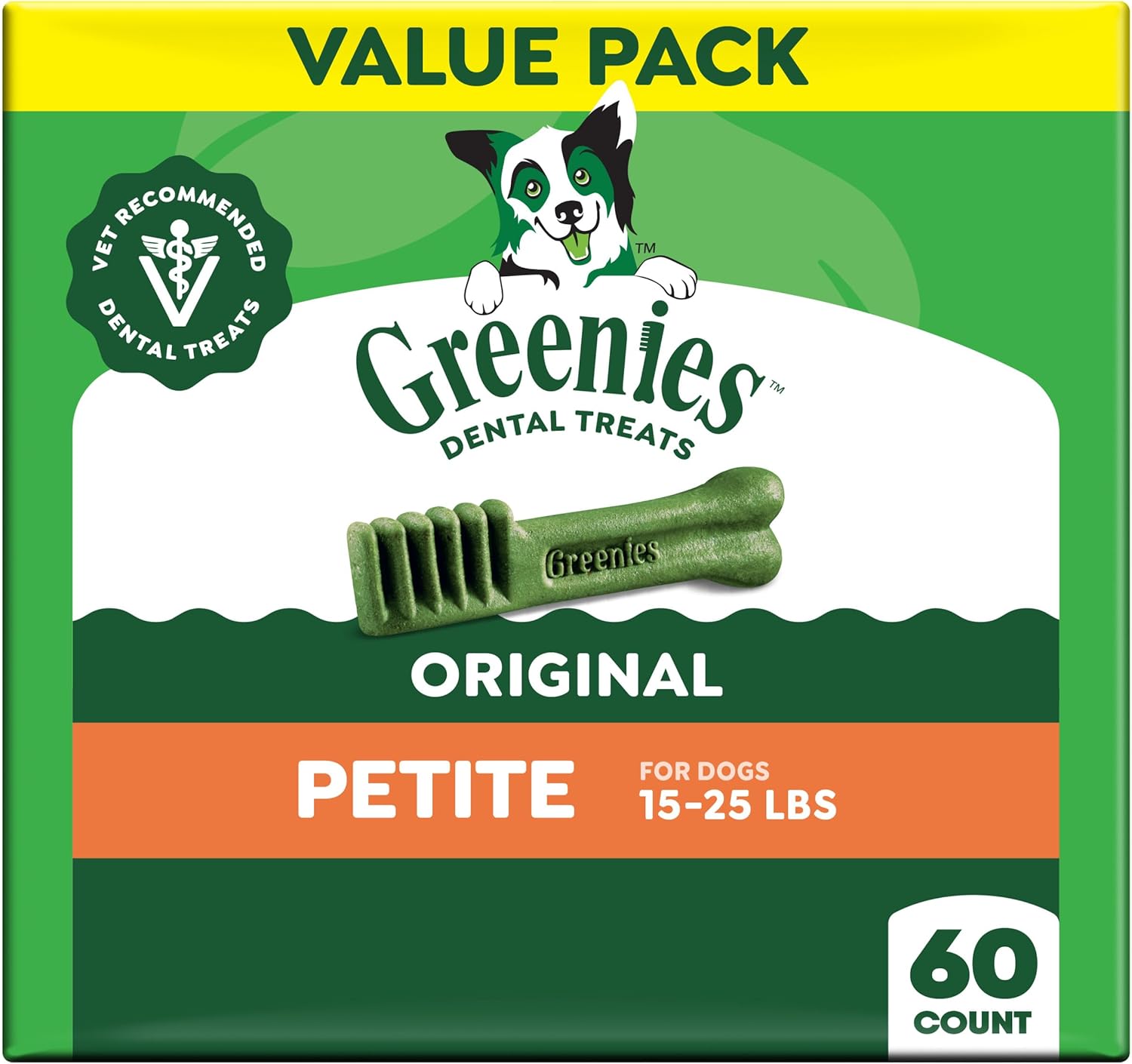 GreeniesVeterinarian-RecommendedAdult Natural Dental Dog TreatsPetite Size, Dog Dental Chews,Original Flavor, 36 oz. Pack, 60Count